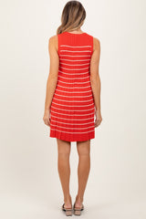 Orange Ribbed Pleated Knit Sleeveless Mini Dress