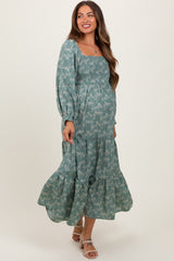 Light Olive Floral Smocked Square Neck Maternity Maxi Dress