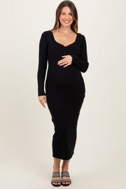 Black Henley Ribbed Maternity Midi Sweater Dress