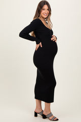 Black Henley Ribbed Maternity Midi Sweater Dress