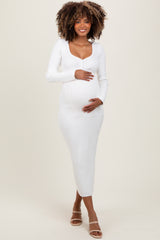 White Henley Ribbed Maternity Midi Sweater Dress