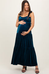 Deep Teal Velvet Smocked Satin Shoulder Tie Maternity Maxi Dress