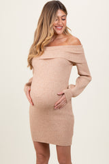 Cream Off Shoulder Balloon Sleeve Maternity Mini Sweater Dress