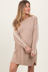 Beige Turtleneck Colorblock Contrast Trim Maternity Sweater Dress