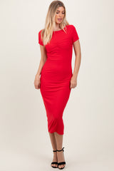 Red Ruched Bust Short Sleeve Maternity Maxi Dress