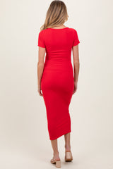 Red Ruched Bust Short Sleeve Maternity Maxi Dress