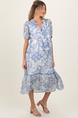 Blue Paisley Front Tie Ruffle Trim Maternity Midi Dress