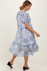 Blue Paisley Front Tie Ruffle Trim Midi Dress