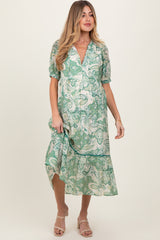 Green Paisley Front Tie Ruffle Trim Maternity Midi Dress