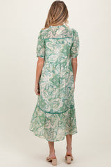 Green Paisley Front Tie Ruffle Trim Maternity Midi Dress