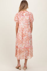 Pink Paisley Front Tie Ruffle Trim Maternity Midi Dress