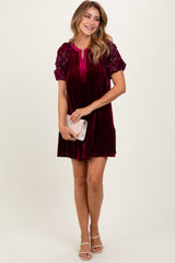 Burgundy Velvet Floral Lace Short Sleeve Dress