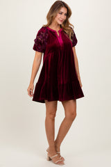 Burgundy Velvet Floral Lace Short Sleeve Dress