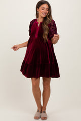 Burgundy Velvet Floral Lace Short Sleeve Maternity Dress