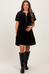 Black Velvet Floral Lace Short Sleeve Maternity Dress