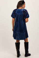 Blue Velvet Floral Lace Short Sleeve Maternity Dress