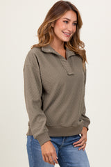 Olive Quilted Knit Snap Collar Pullover Top