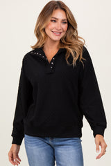 Black Quilted Knit Snap Collar Maternity Pullover Top