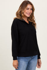 Black Quilted Knit Snap Collar Pullover Top