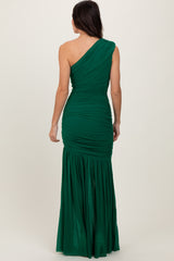 Forest Green Ruched Mesh One Shoulder Maxi Dress