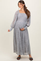 Heather Grey Lace Smocked Bubble Sleeve Maternity Maxi Dress