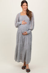 Heather Grey Lace Smocked Bubble Sleeve Maternity Maxi Dress