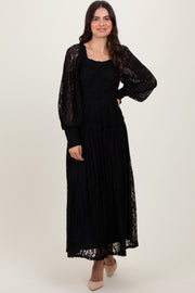 Black Lace Smocked Bubble Sleeve Maxi Dress