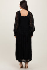 Black Lace Smocked Bubble Sleeve Maxi Dress