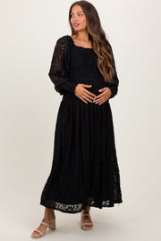 Black Lace Smocked Bubble Sleeve Maternity Maxi Dress