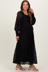 Black Lace Smocked Bubble Sleeve Maternity Maxi Dress