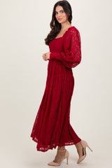 Burgundy Lace Smocked Bubble Sleeve Maxi Dress