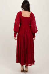 Burgundy Lace Smocked Bubble Sleeve Maxi Dress