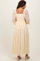 Cream Lace Smocked Bubble Sleeve Maternity Maxi Dress