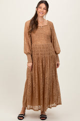 Camel Lace Smocked Bubble Sleeve Maternity Maxi Dress