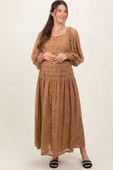 Camel Lace Smocked Bubble Sleeve Maternity Maxi Dress