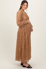 Camel Lace Smocked Bubble Sleeve Maternity Maxi Dress