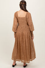 Camel Lace Smocked Bubble Sleeve Maternity Maxi Dress