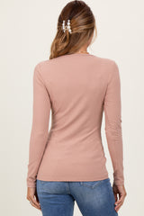 Beige Ribbed V-Neck Long Sleeve Top