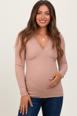 Beige Ribbed V-Neck Long Sleeve Maternity Top