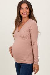 Beige Ribbed V-Neck Long Sleeve Maternity Top