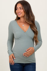 Light Olive Ribbed V-Neck Long Sleeve Maternity Top