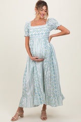 Light Blue Floral Puff Sleeve Lace Trim Maternity Maxi Dress