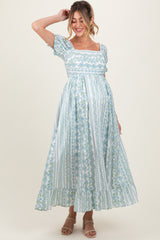 Light Blue Floral Puff Sleeve Lace Trim Maternity Maxi Dress