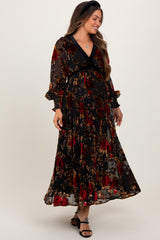 Red Rose Print Velvet Mesh Overlay Maternity Maxi Dress