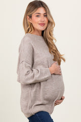 Taupe Oversized Crewneck Melange Knit Maternity Sweater