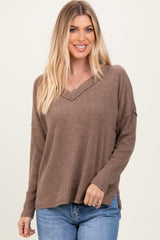 Mocha Ribbed V-Neck Long Sleeve Maternity Top