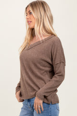 Mocha Ribbed V-Neck Long Sleeve Top