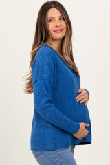 Royal Blue Ribbed V-Neck Long Sleeve Maternity Top