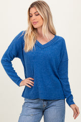 Royal Blue Ribbed V-Neck Long Sleeve Maternity Top