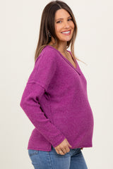 Magenta Ribbed V-Neck Long Sleeve Maternity Top